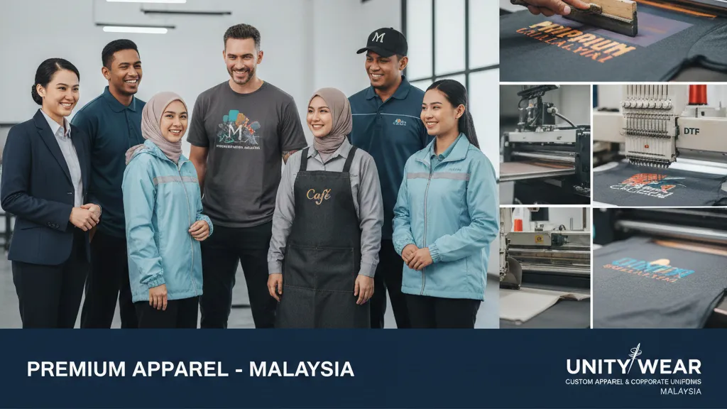 Corporate team wearing custom branded uniforms produced by TshirtPrint2u Malaysia