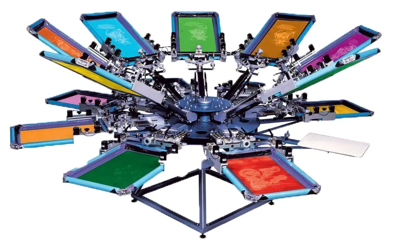 Screen printing press applying ink to bulk t-shirts